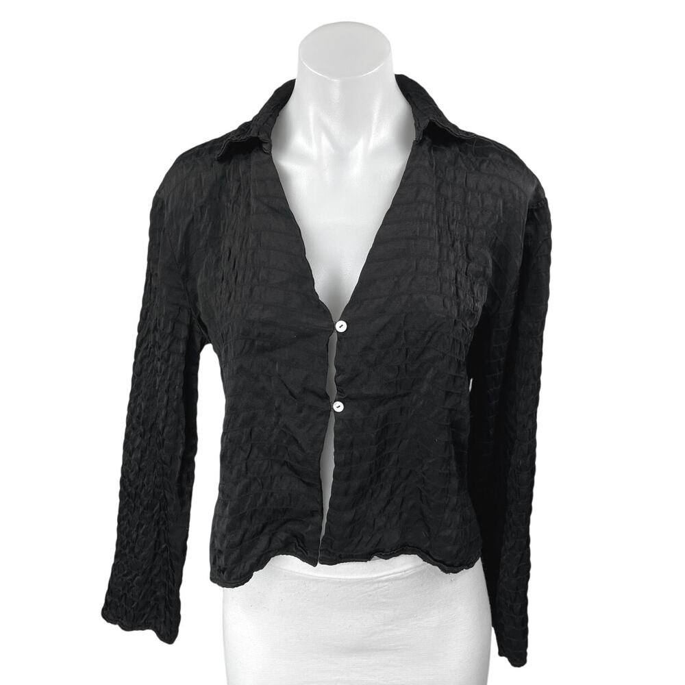 Zara Black Long Sleeve Striped Textured Collared Button Down Shirt Blouse Top M
